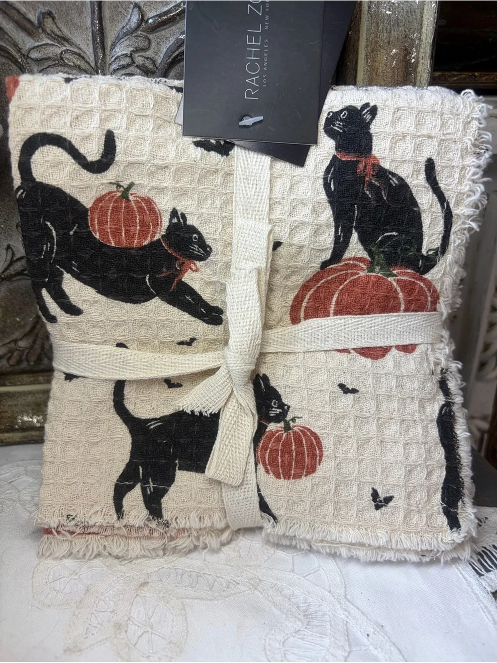 Rachel Zoe Cream Waffle Weave Dish Cloths Black Cat & Orange Pumpkin Print